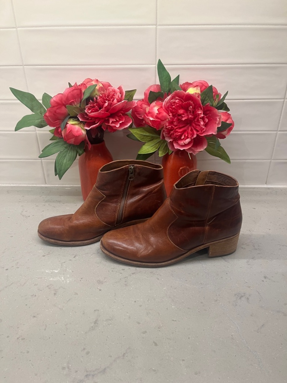 Kork-Ease Brown Leather Ankle Booties with Side Zip